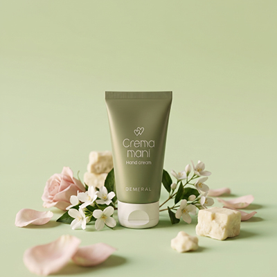 immagine del tubo crema mani verde pastello, su sfondo verde con attorno dei fiori